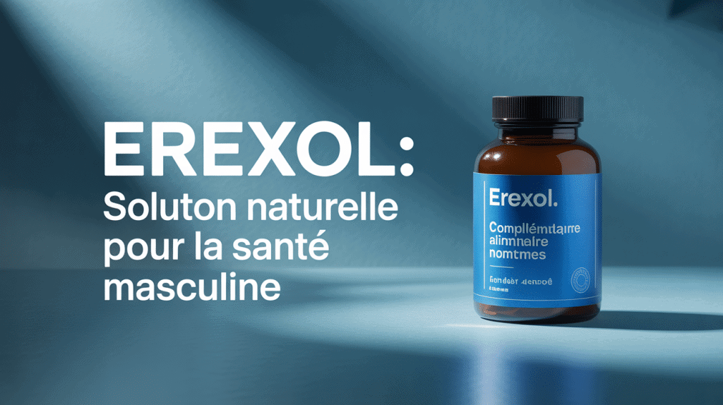 Flacon Erexol sur fond bleu dégradé pour santé masculine