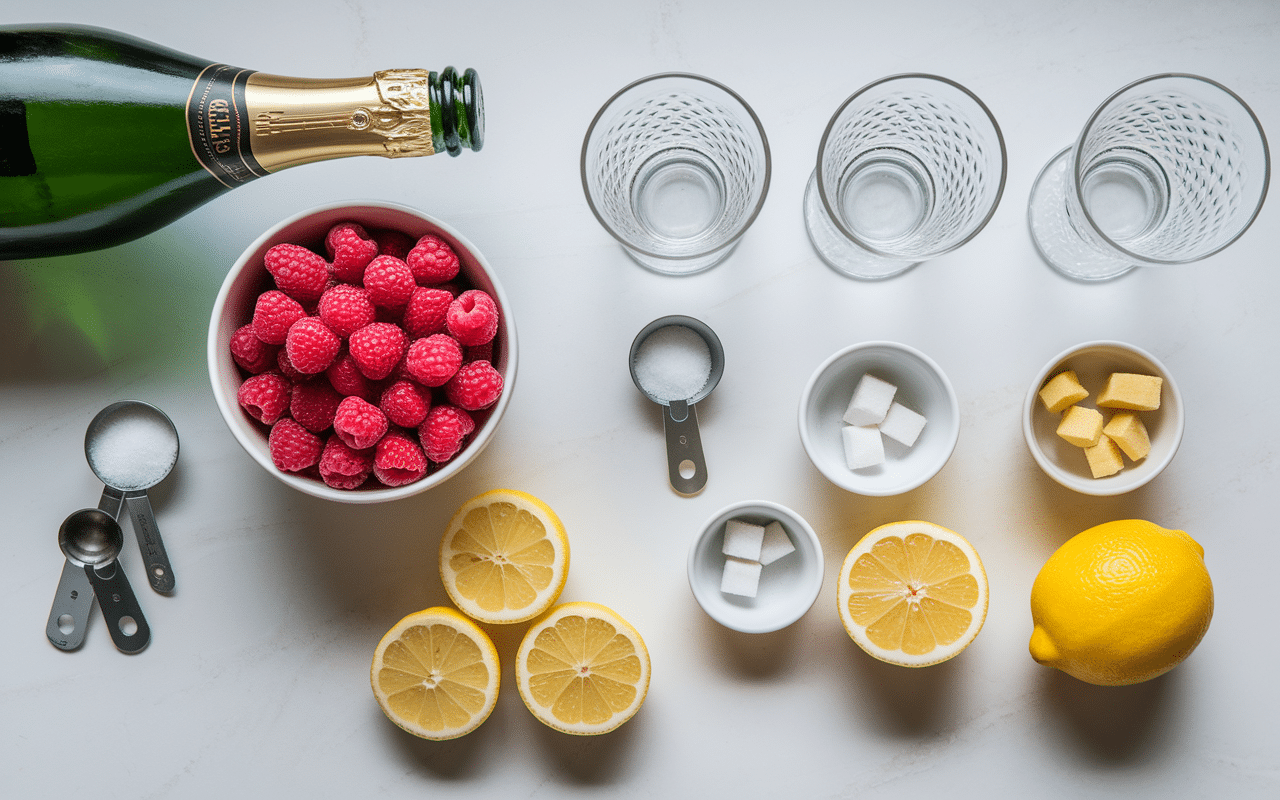 Ingrédients soupe champagne framboises sur comptoir