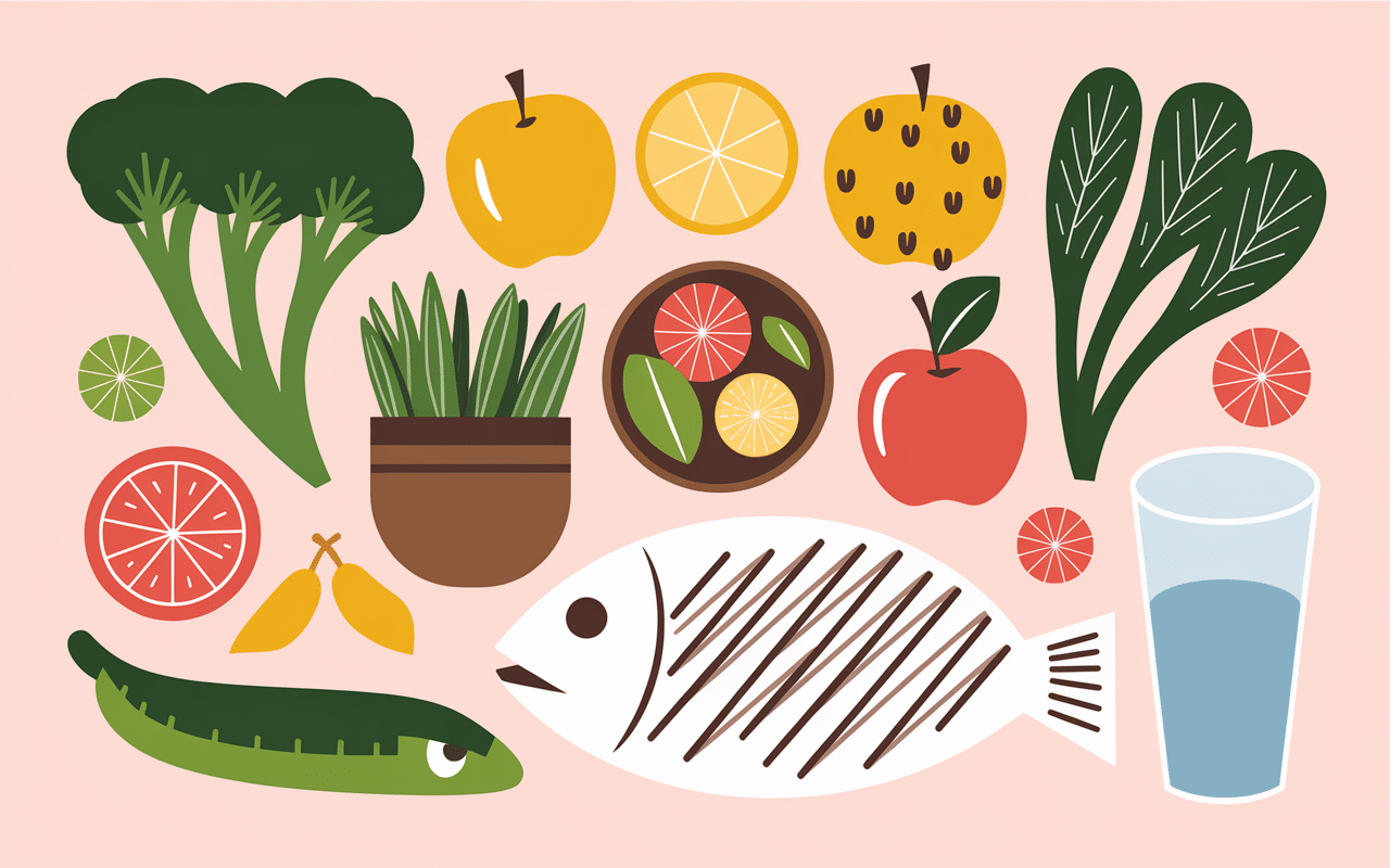 Illustration d'aliments bénéfiques pour la maladie de Gilbert