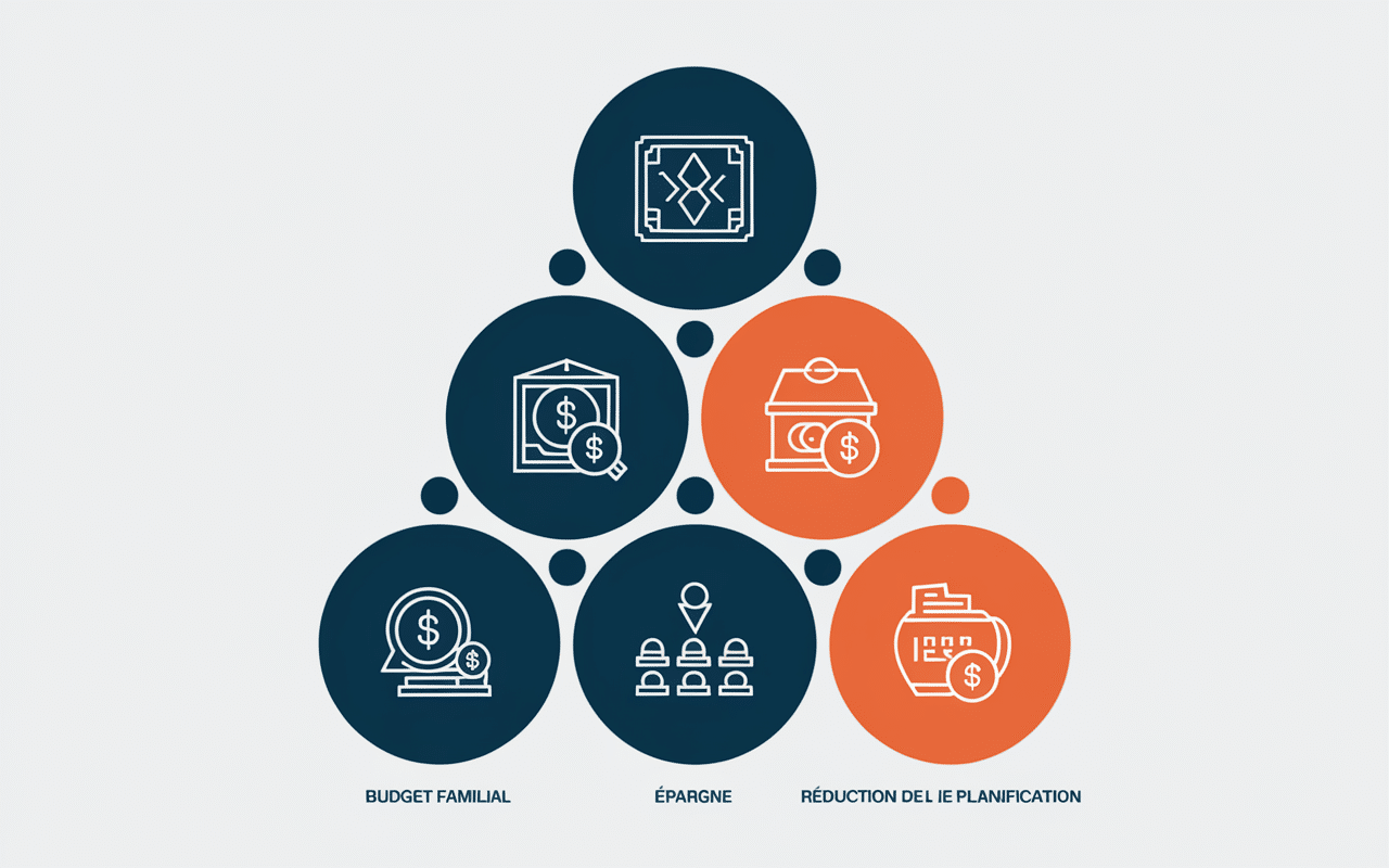 Catégories financières avec icônes et flèches connectrices