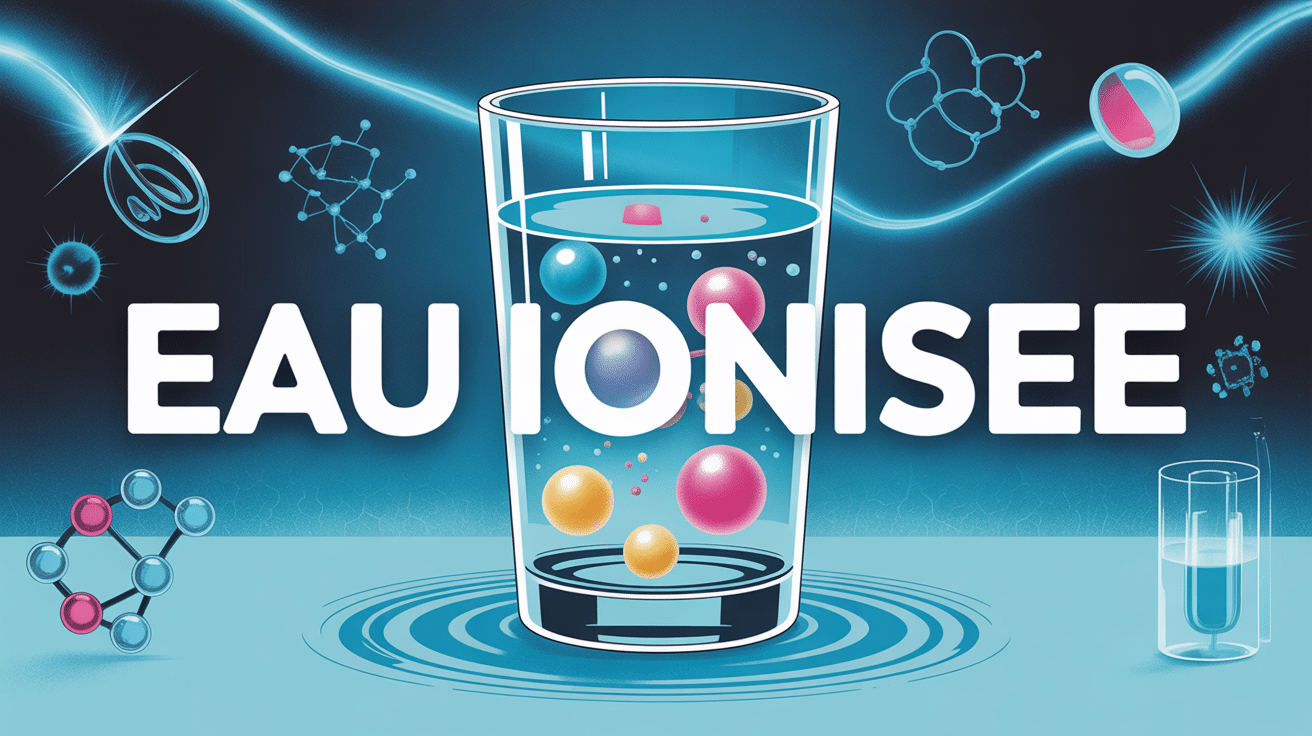 Verre d'eau ionisée avec molécules et électrodes stylisées