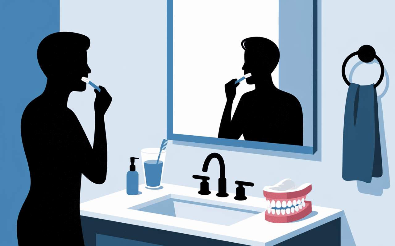 nettoyage fausse dent en pharmacie dans salle de bain