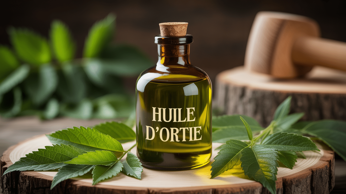 huile d ortie en bouteille avec feuilles d ortie
