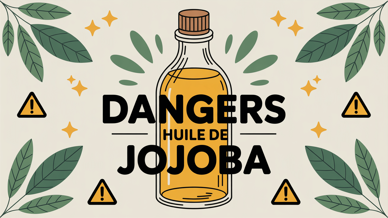 Huile de jojoba danger, bouteille dorée, avertissement