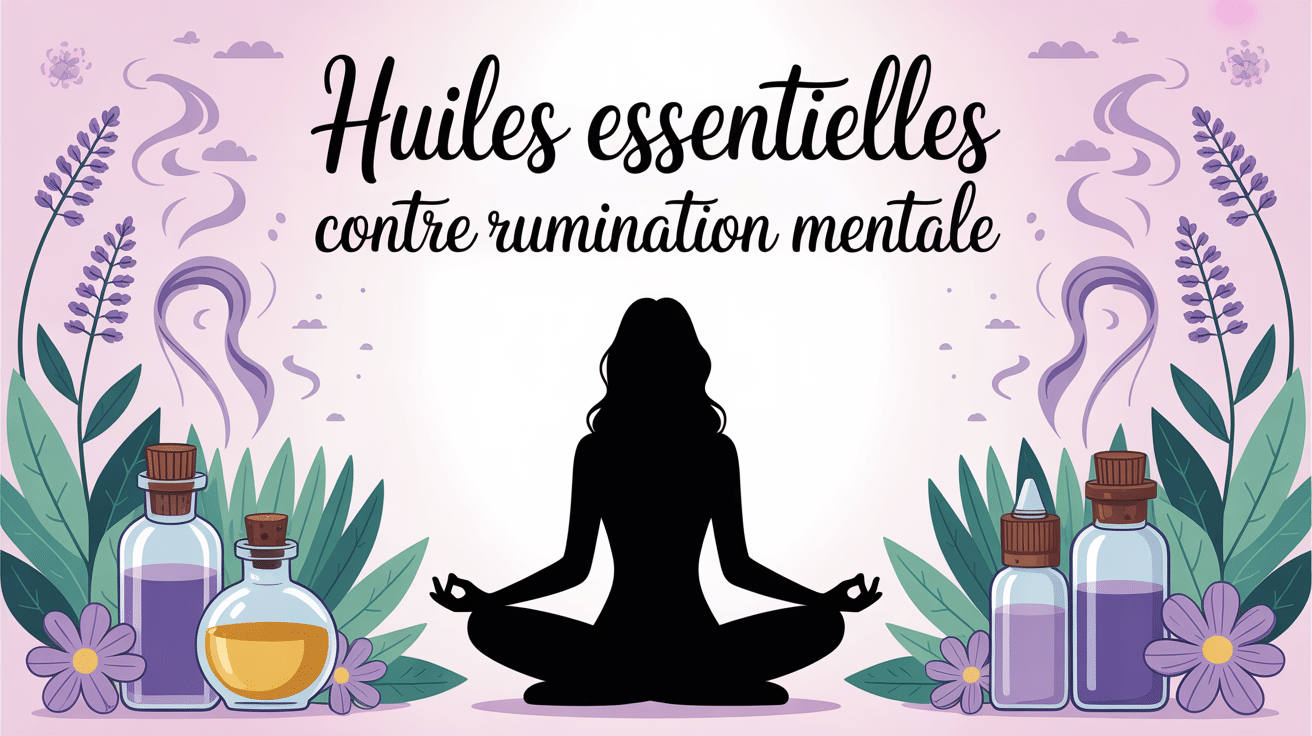 huile essentielle contre rumination mentale femme en méditation entourée flacons