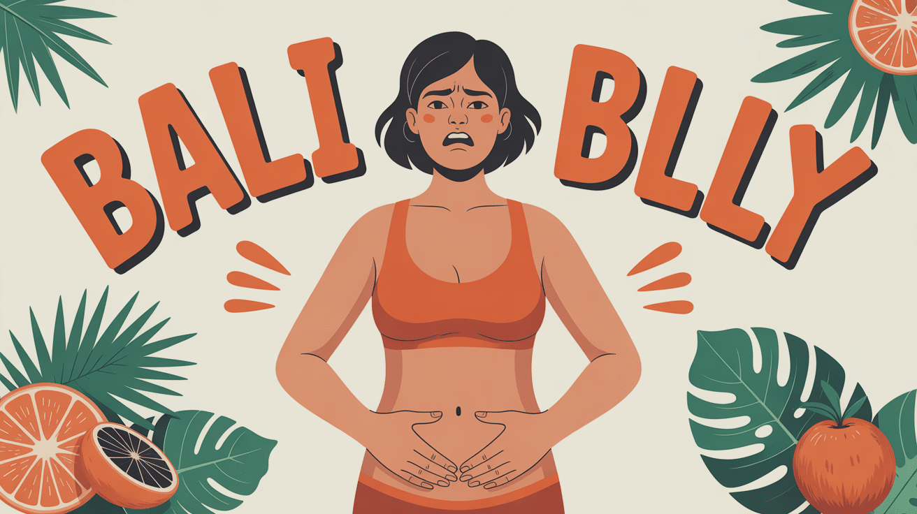 personne souffrant du bali belly entourée d’éléments exotiques