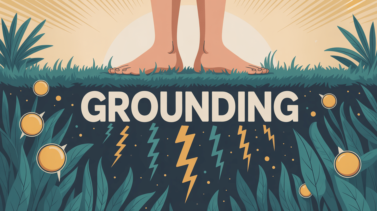 Grounding illustration pieds nus sur herbe rayons dorés
