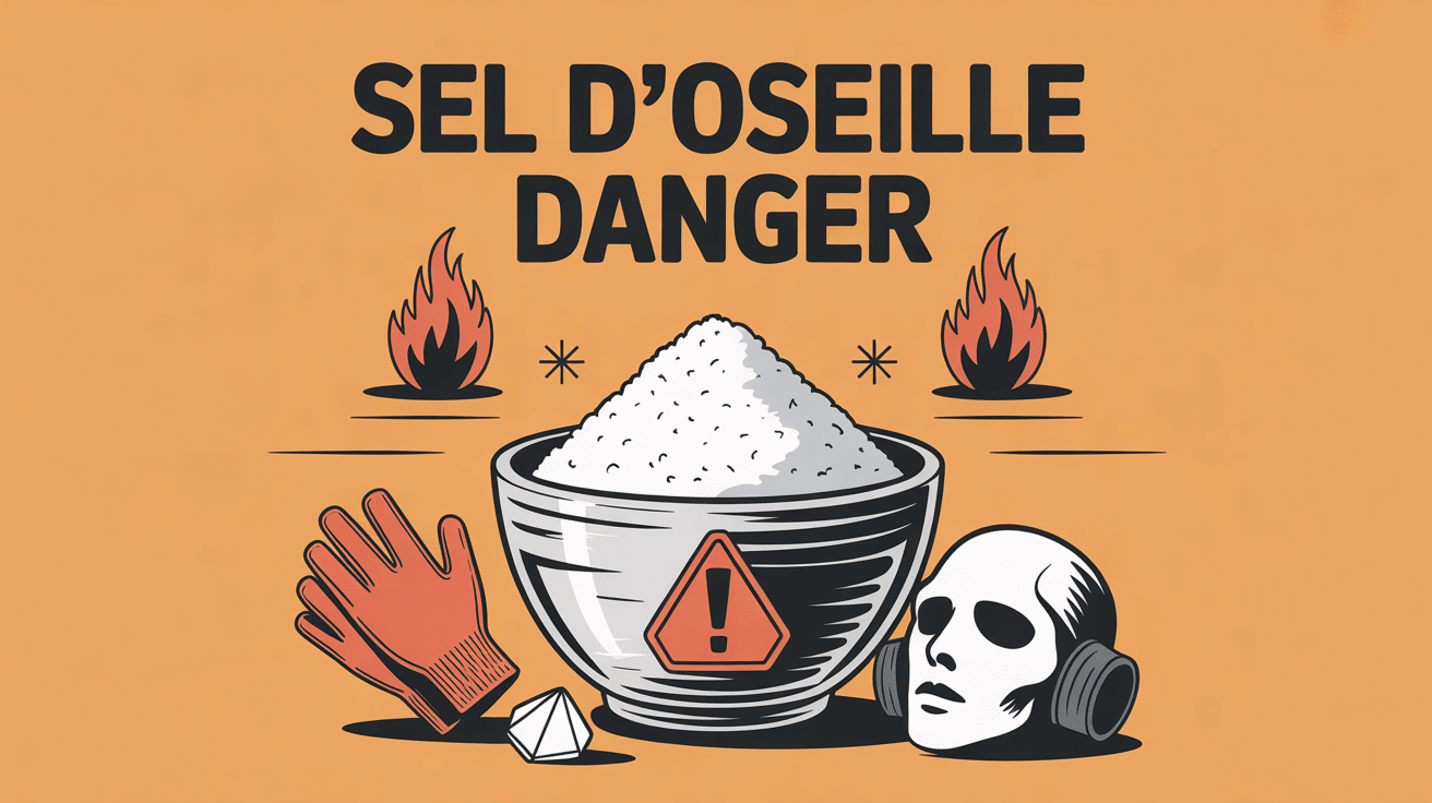 Cristaux de sel d'oseille danger en bocal, gants et masque