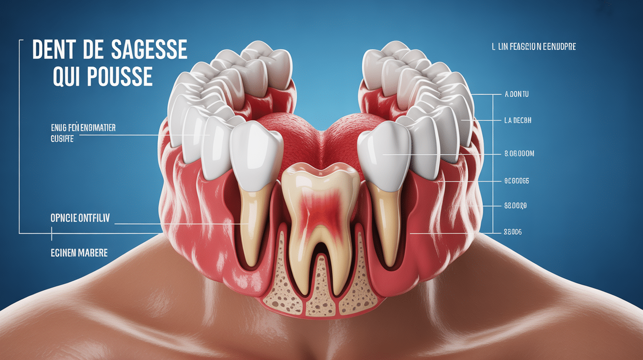 Vue coupe mâchoire dent de sagesse qui pousse inflammation