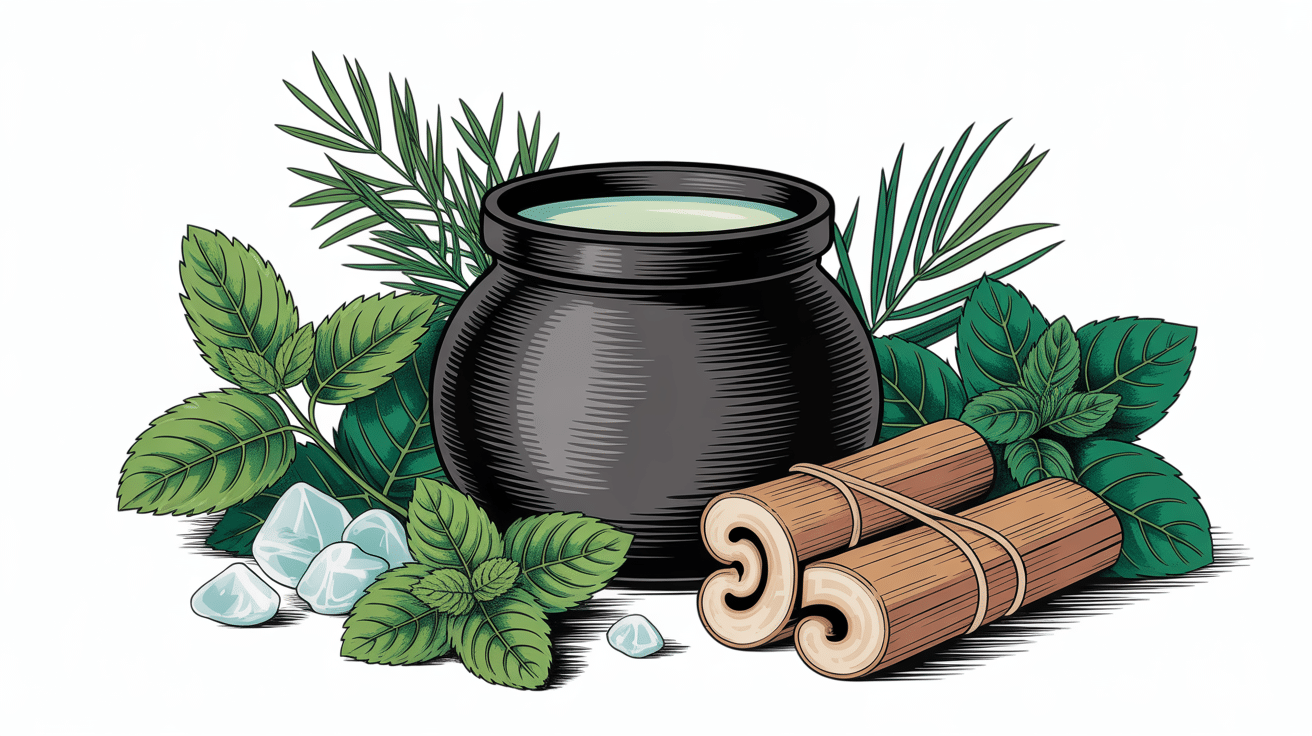 Illustration pot baume du tigre blanc avec ingrédients naturels