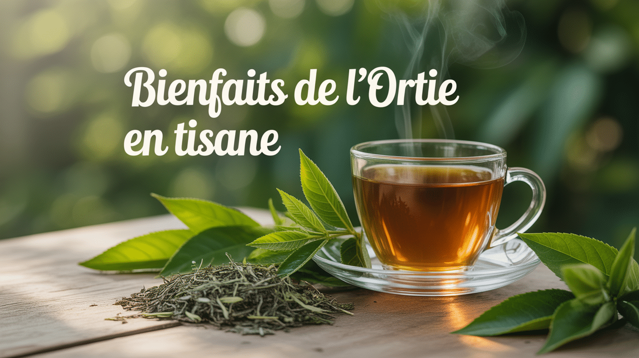 Tasse de tisane ortie bienfaits the ou tisane sur table avec feuilles