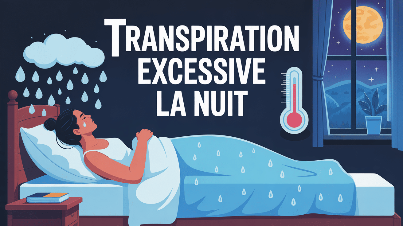 Personne transpirant dans son lit la nuit, draps humides et thermomètre