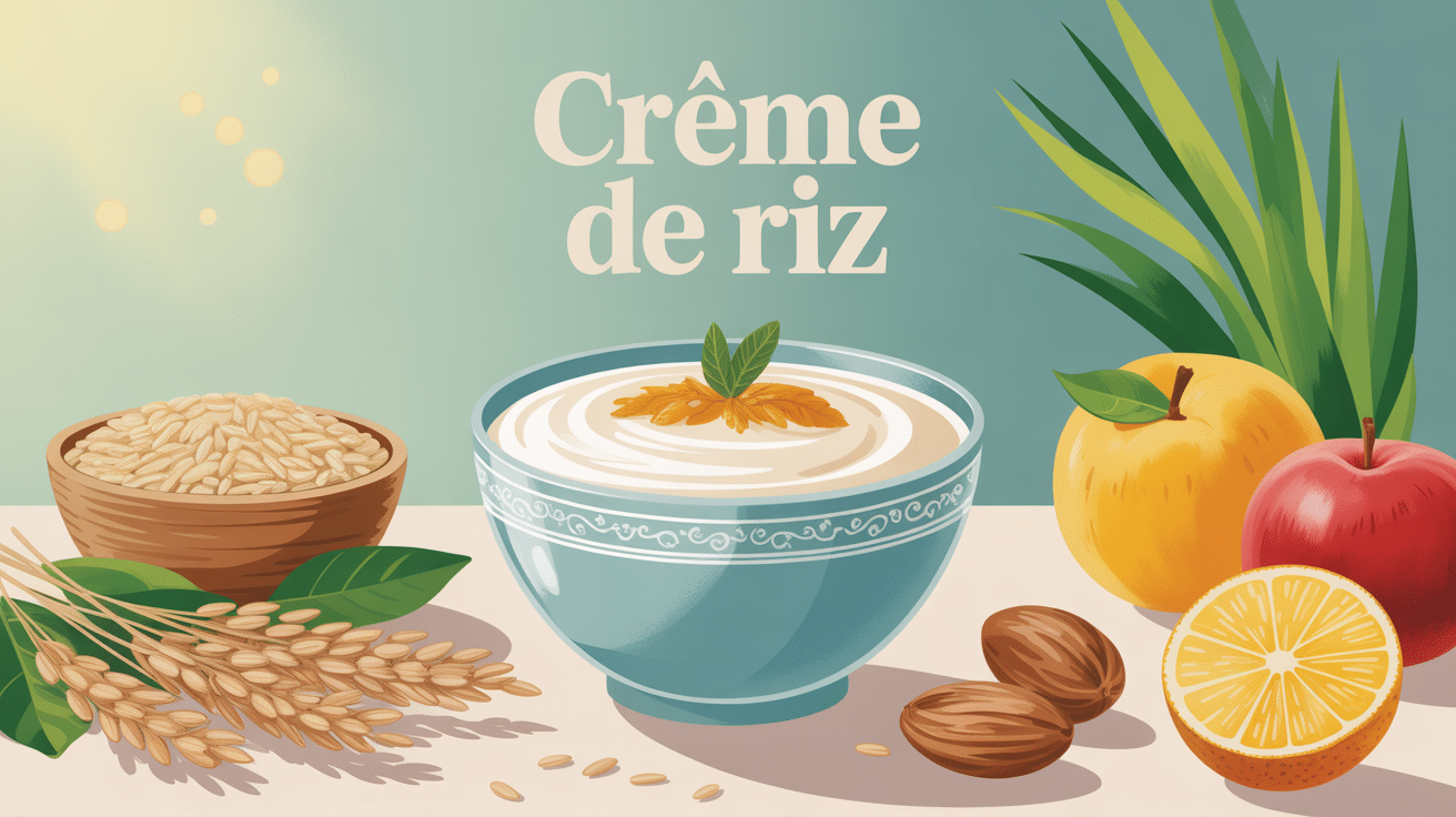 crème de riz onctueuse entourée de riz, fruits et amandes