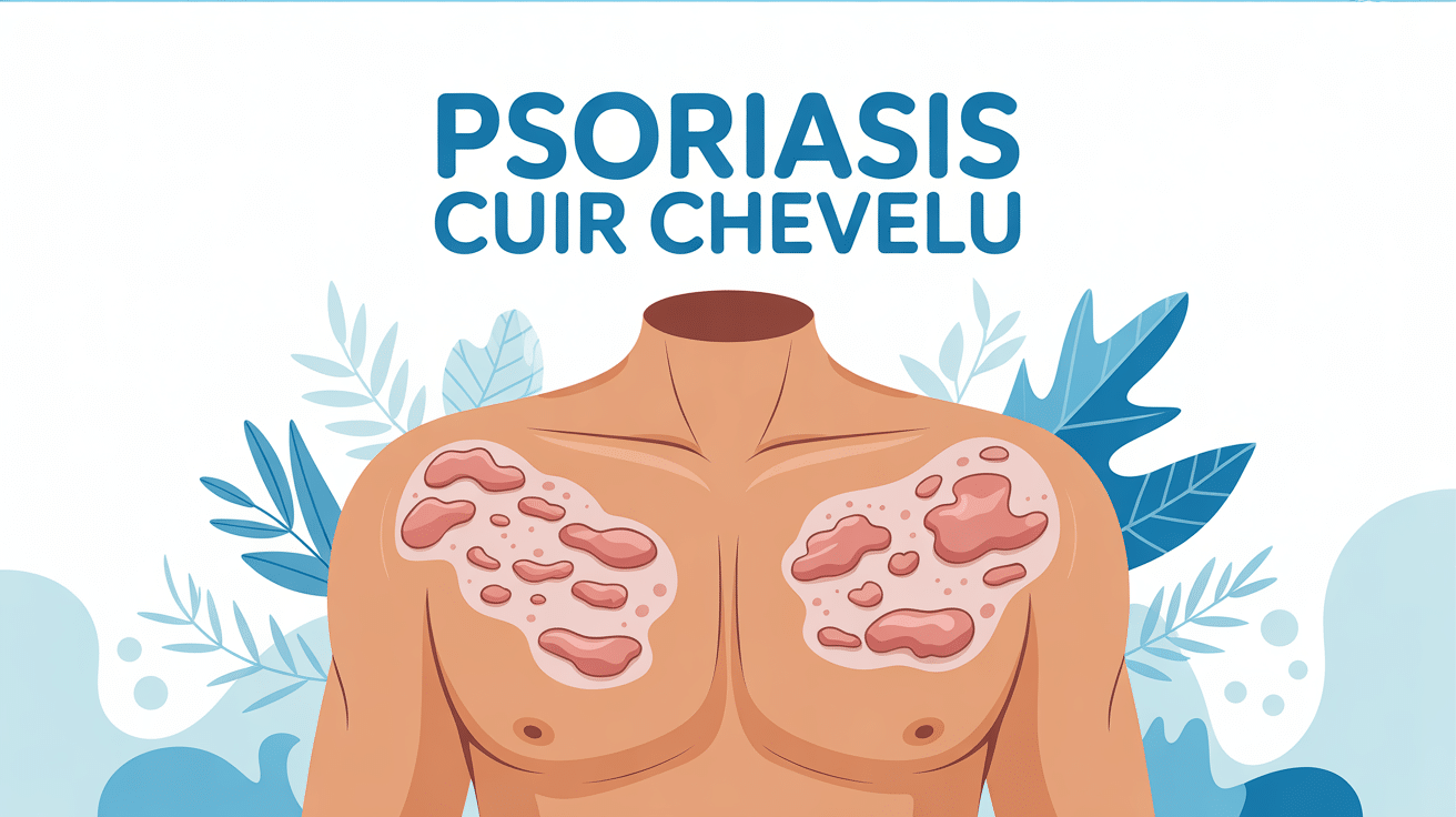 Illustration professionnelle psoriasis cuir chevelu plaques et squames