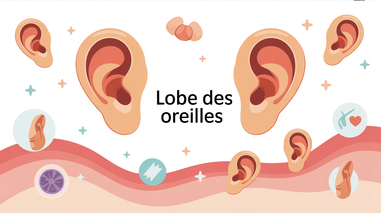 illustration du lobe des oreilles avec pictogrammes douleur et soins