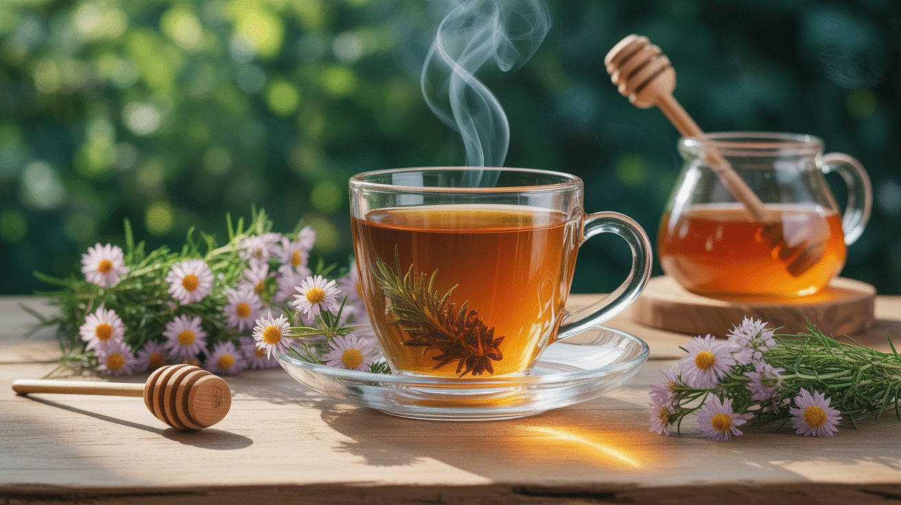 Tisane de thym et miel chaude sur table en bois