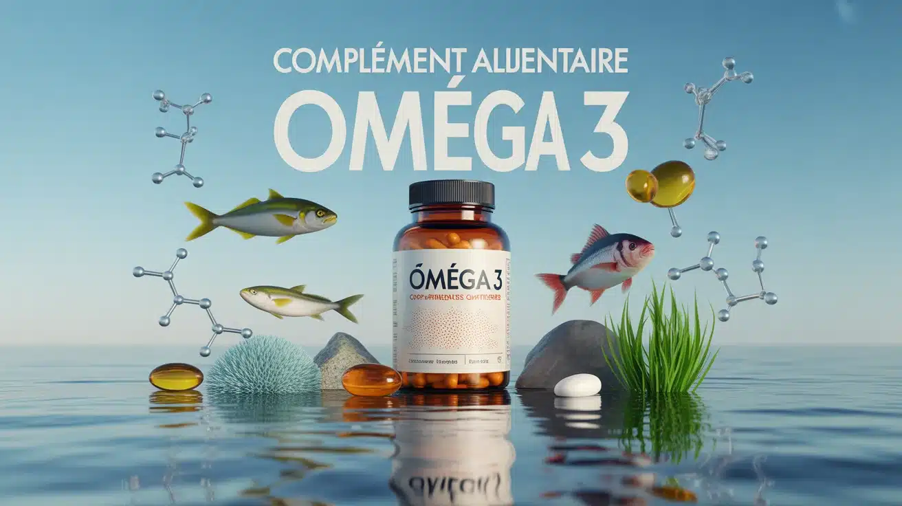 Bouteille de complément alimentaire oméga 3 avec capsules et poissons gras