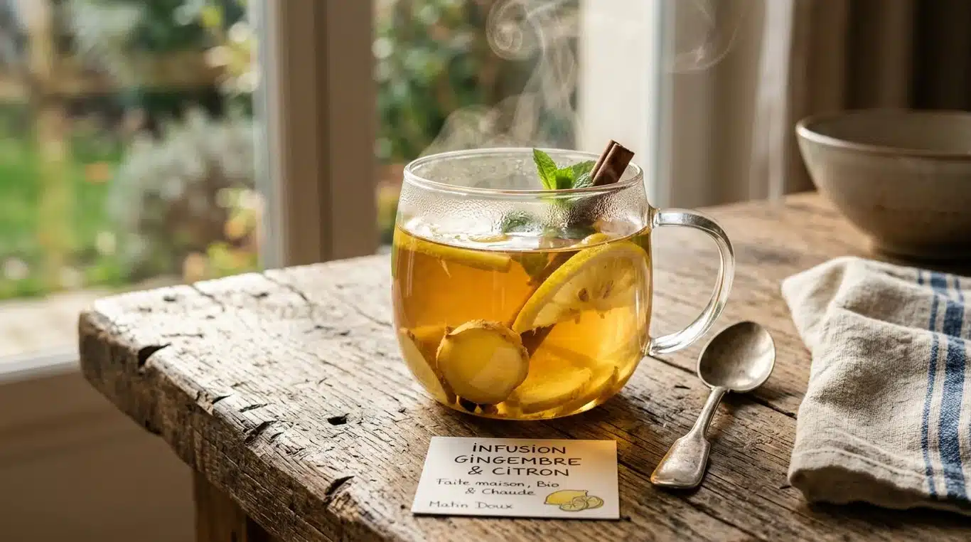 Infusion de gingembre et citron dans une tasse en verre