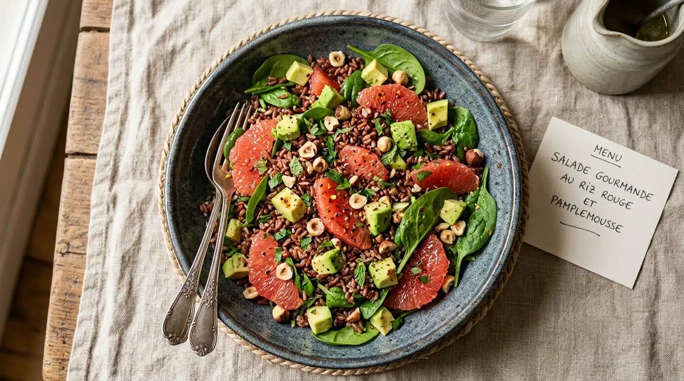 Salade de riz rouge croquante aux agrumes