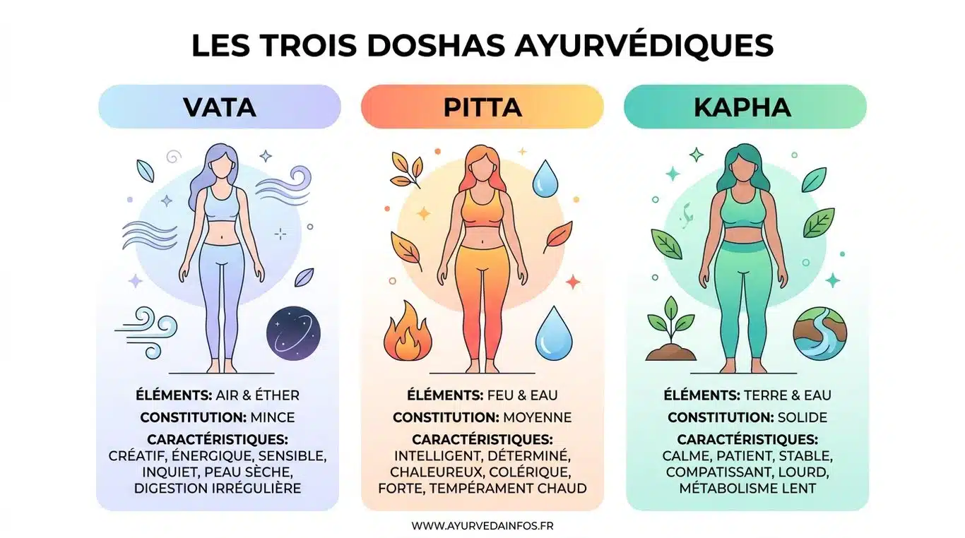 Infographie illustrant les trois doshas ayurvédiques : Vata, Pitta et Kapha avec leurs éléments et caractéristiques.