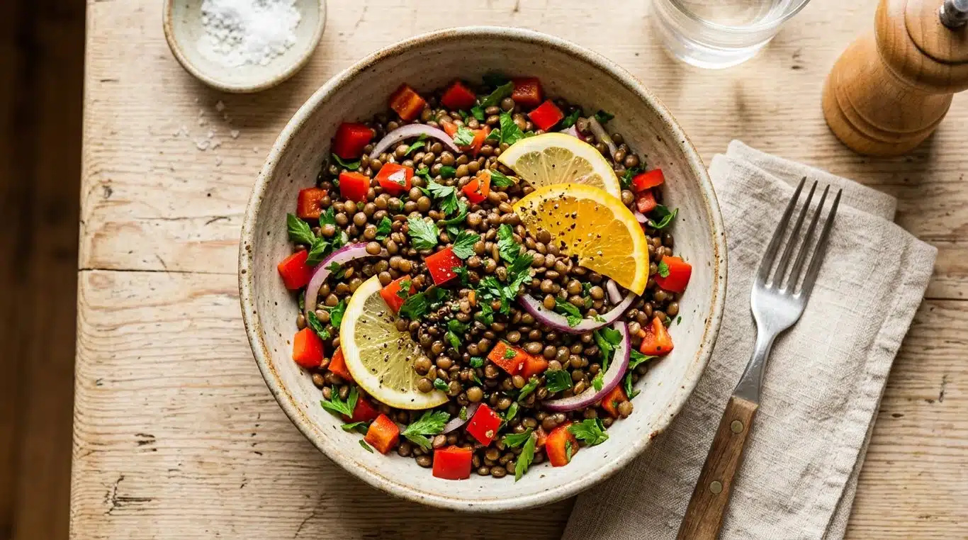 Salade de lentilles tiède au persil et agrumes, riche en fer