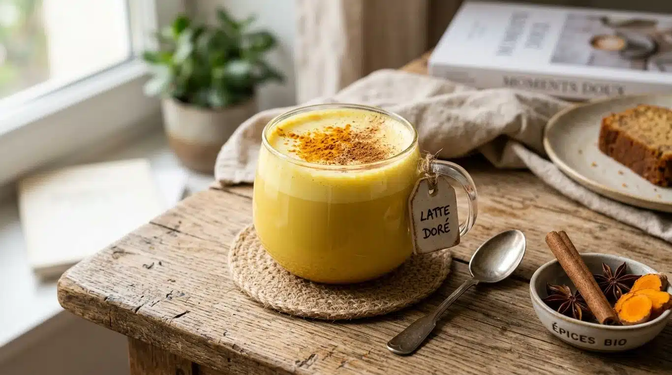 Un Golden Latte au collagène préparé dans une tasse, posé sur une table en bois avec une lumière naturelle.
