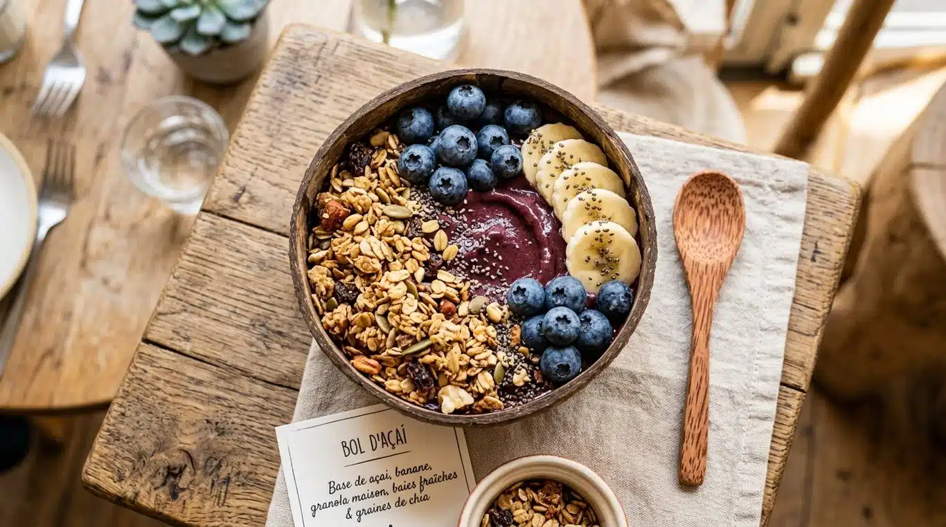 Bol d'açai garni de fruits frais et de granola