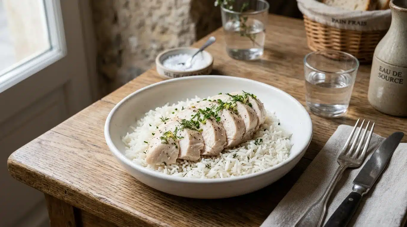 Plat de blanc de poulet poché et riz blanc pour régime sans résidu