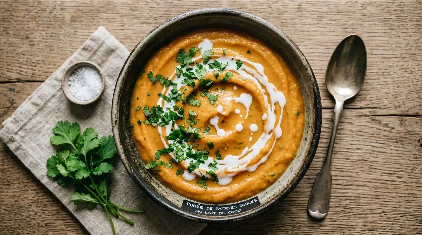 Purée onctueuse de patate douce au lait de coco et gingembre dans un bol.