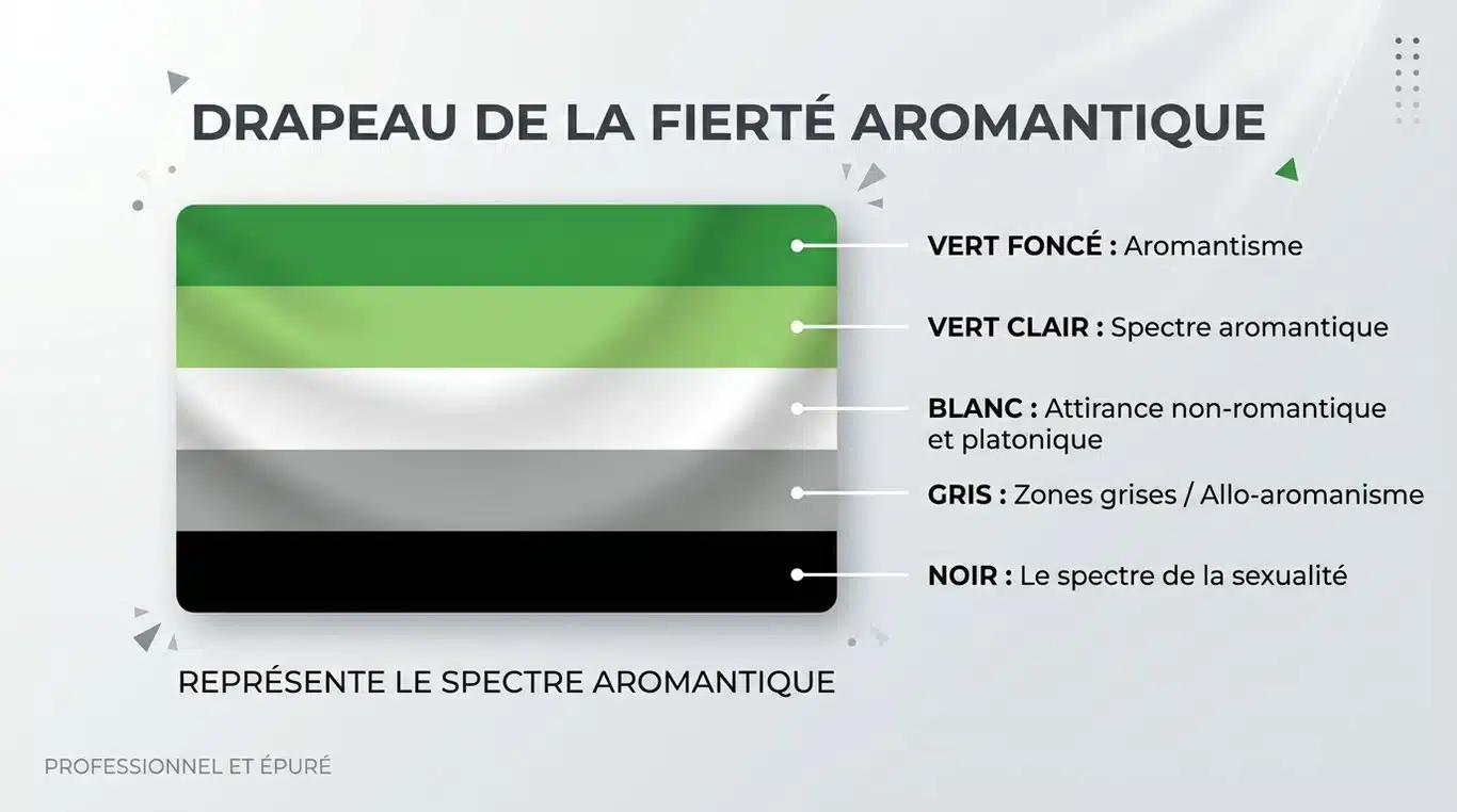 Drapeau aromantique : cinq bandes horizontales de vert foncé, vert clair, blanc, gris et noir.
