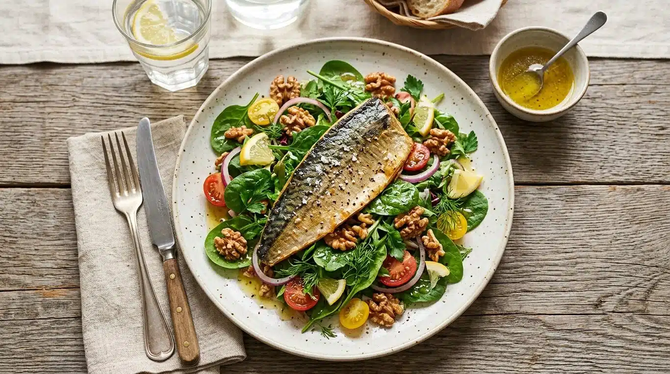 Salade de maquereau aux noix et épinards, riche en oméga 3
