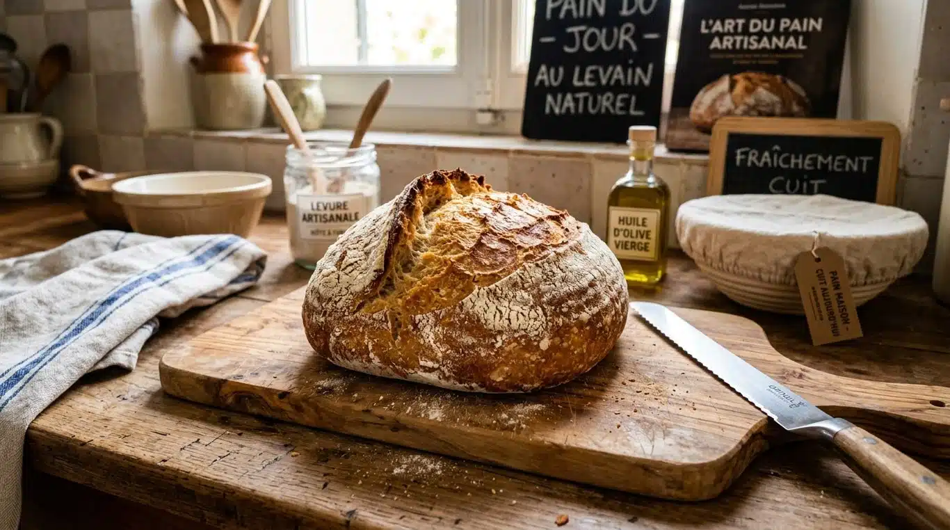 Pain au levain artisanal fraîchement cuit sur une planche en bois
