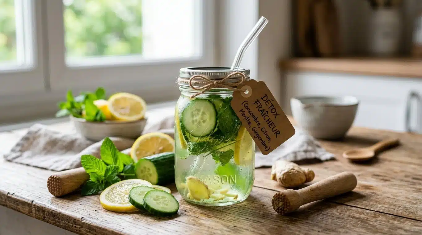 Verre de jus détox frais avec ingrédients naturels