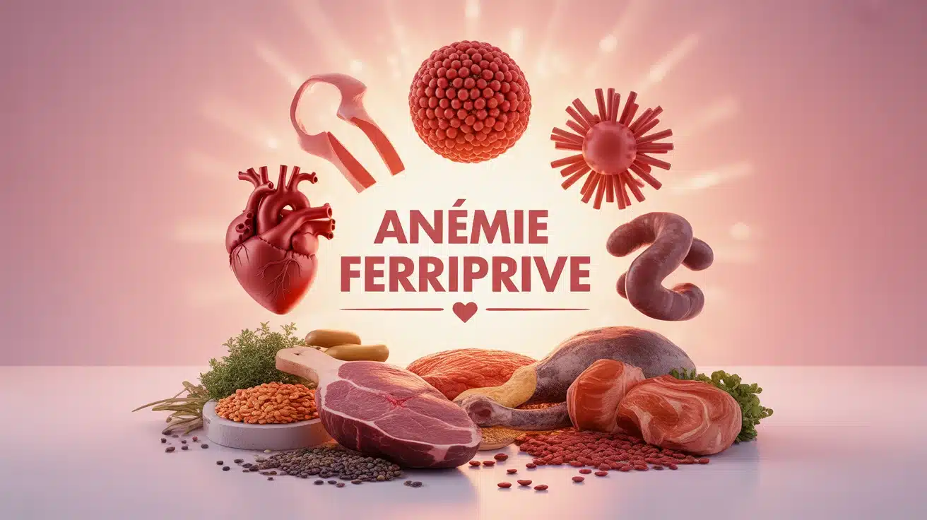 Illustration anémie ferriprive avec globules rouges, coeur et aliments riches en fer