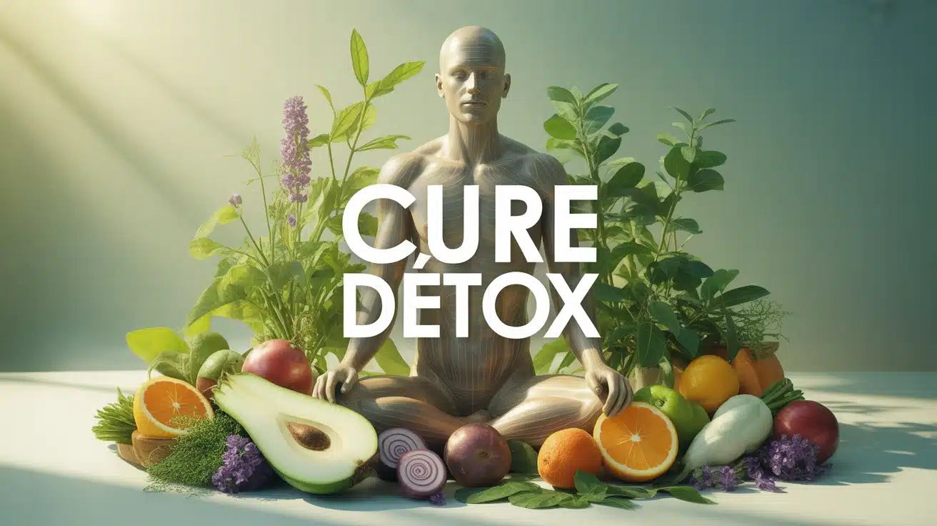 Illustration vectorielle cure détox avec plantes et corps humain stylisé