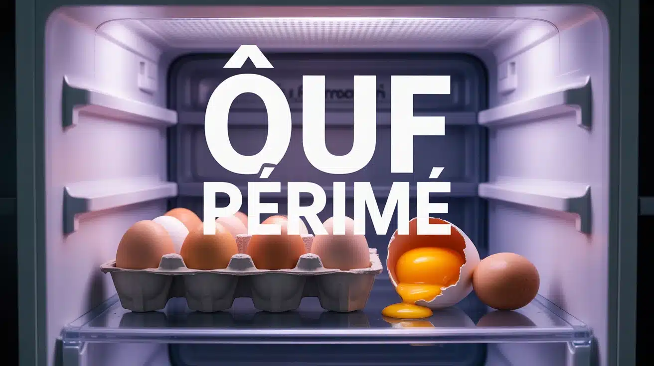 Boîte d'œufs avec œuf périmé fissuré dans un réfrigérateur