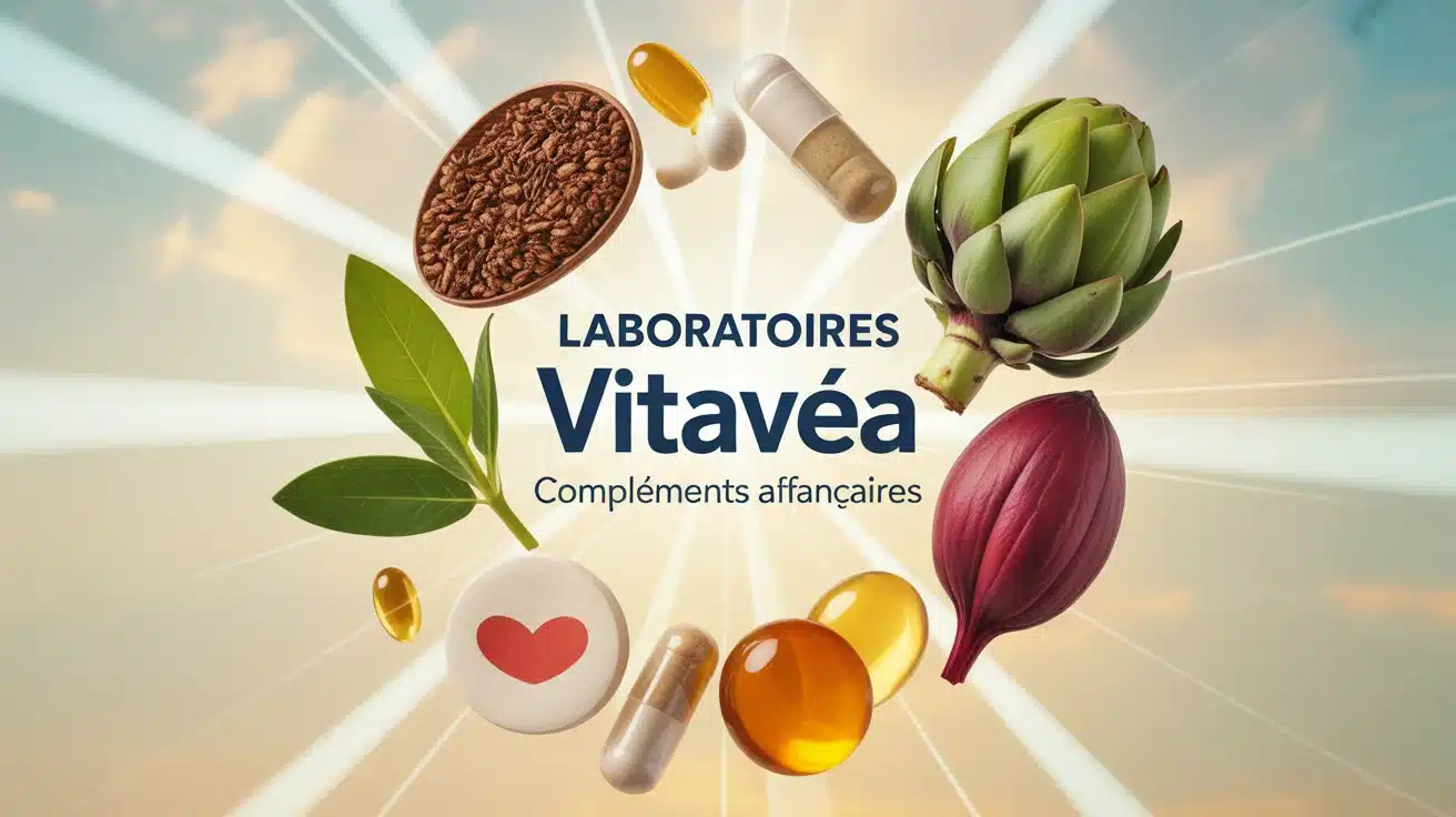 Illustration vectorielle compléments alimentaires Laboratoires Vitavea avec plantes et capsules