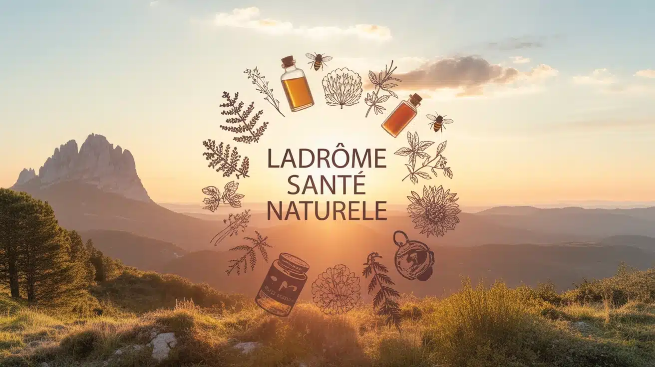 Illustration Ladrôme santé naturelle avec plantes médicinales et paysages