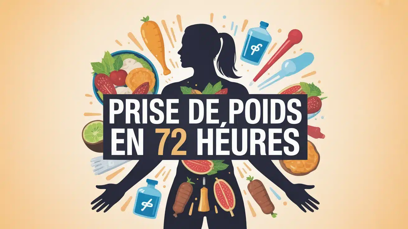 illustration prise de poids en 72 heures silhouette humaine et aliments caloriques
