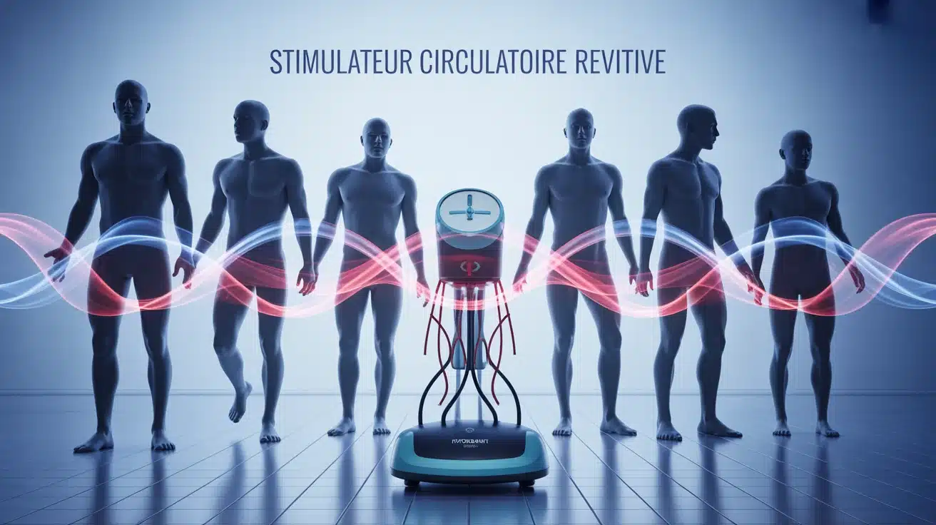 Illustration vectorielle stimulateur circulatoire Revitive avec jambes et flux sanguins
