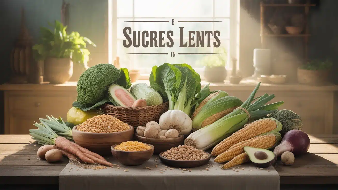 Aliments riches en sucres lents sur table rustique