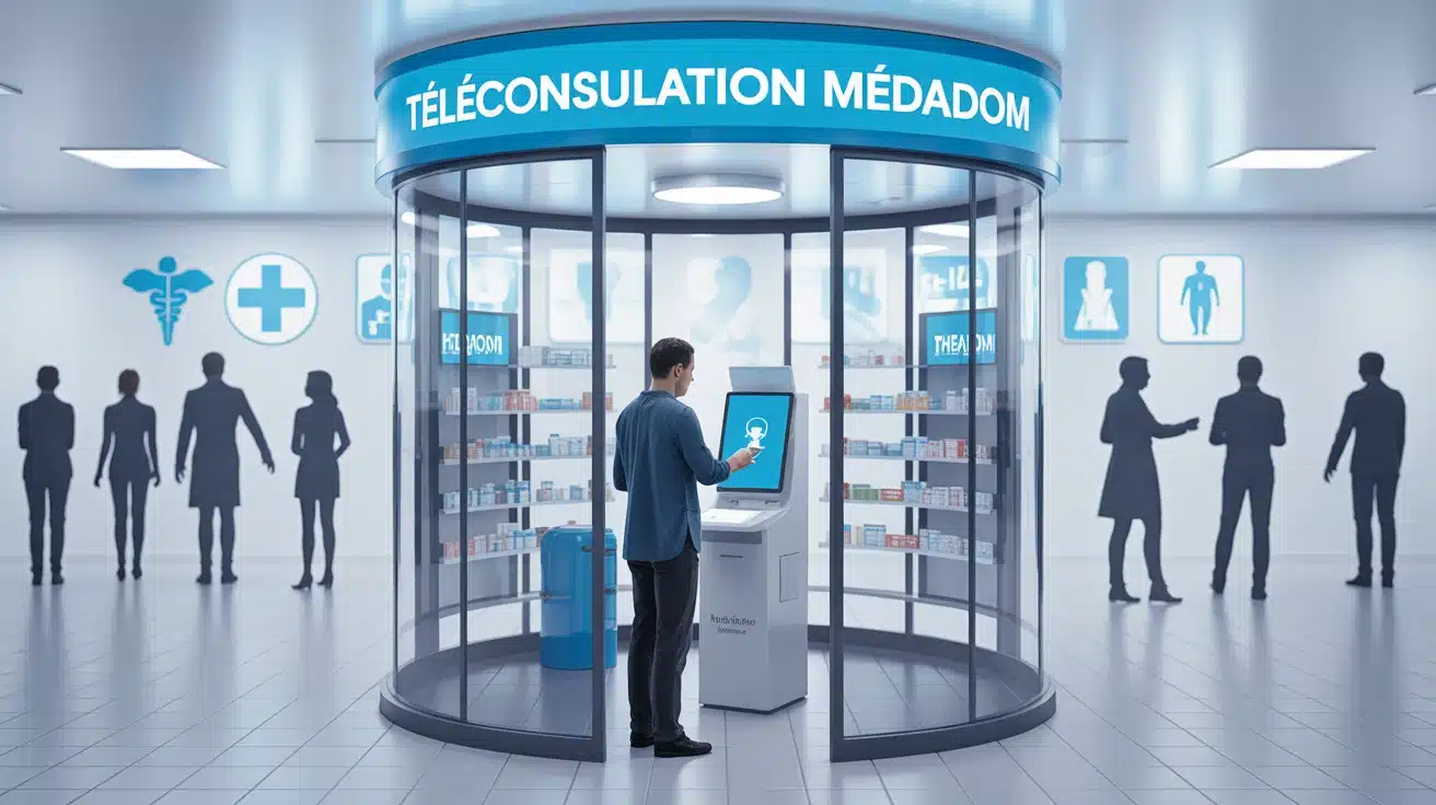 Illustration téléconsultation Medadom avec smartphone et borne en pharmacie