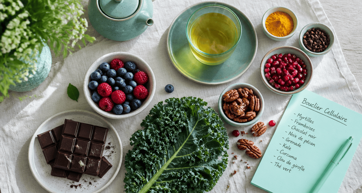 aliments riches en antioxydants en flat lay