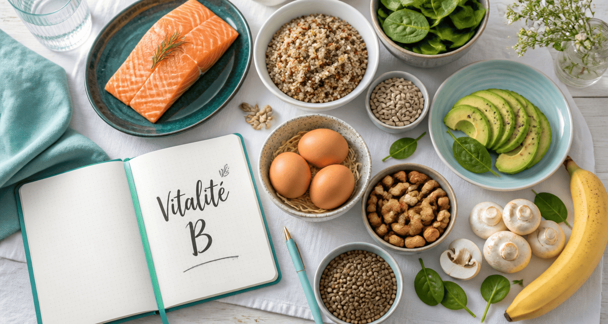 Bienfaits des vitamines B, aliments variés sur table