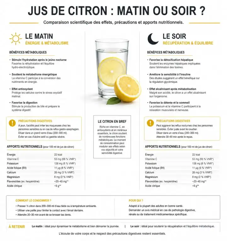 Infographie comparative des bienfaits et risques du jus de citron le matin et le soir pour la santé