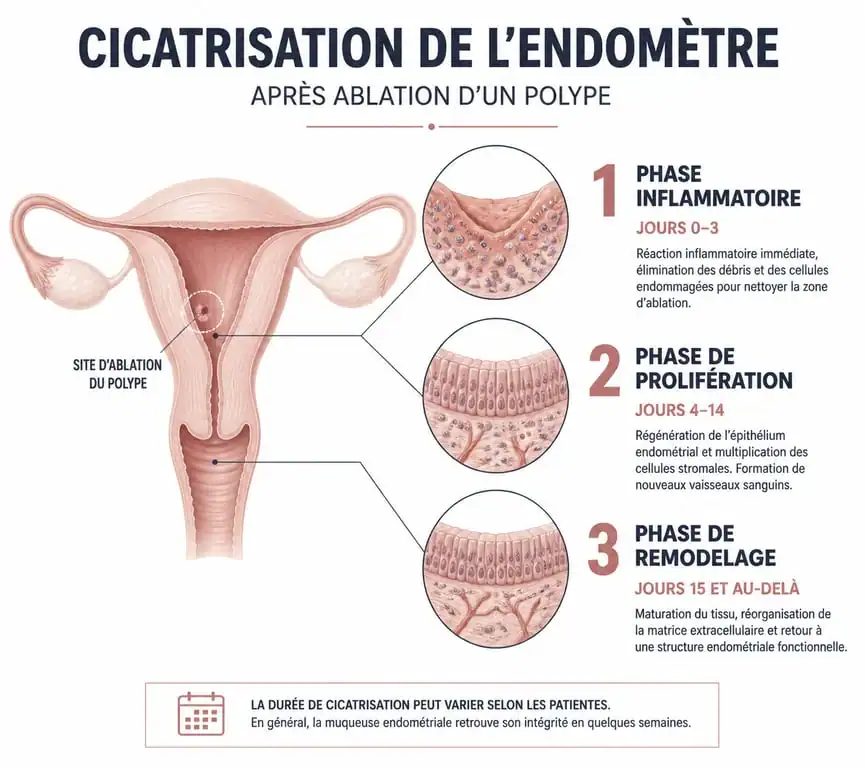 Schéma des étapes de la cicatrisation après une ablation de polype utérin
