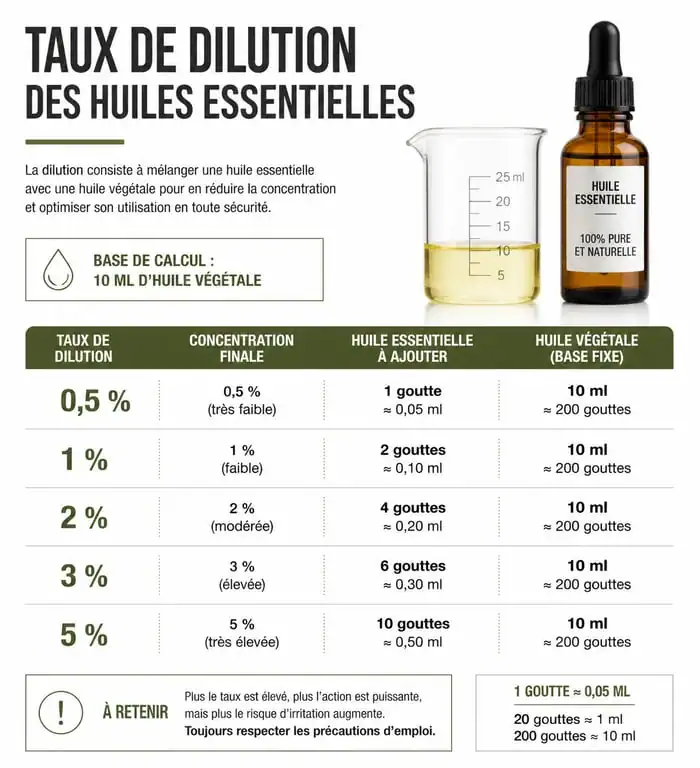 Infographie des taux de dilution des huiles essentielles pour une utilisation sécurisée
