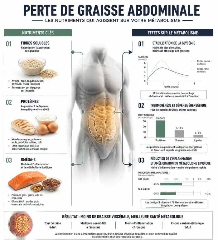 Infographie sur les aliments pour perdre le ventre et leurs effets métaboliques