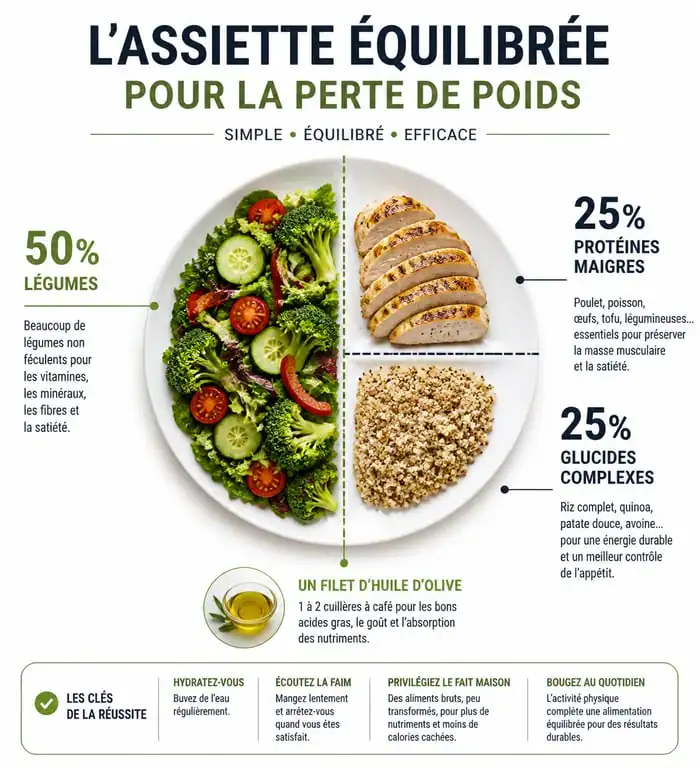 Infographie d'une assiette équilibrée pour la nutrition et la perte de poids