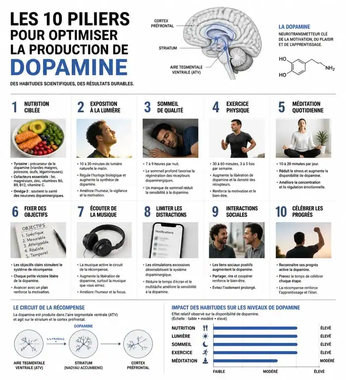 Infographie des 10 façons d'augmenter la dopamine dans votre cerveau pour améliorer la motivation et l'énergie